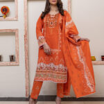 Orange Unstitched 3 Piece Lawn Suit, Embroidered Neckline